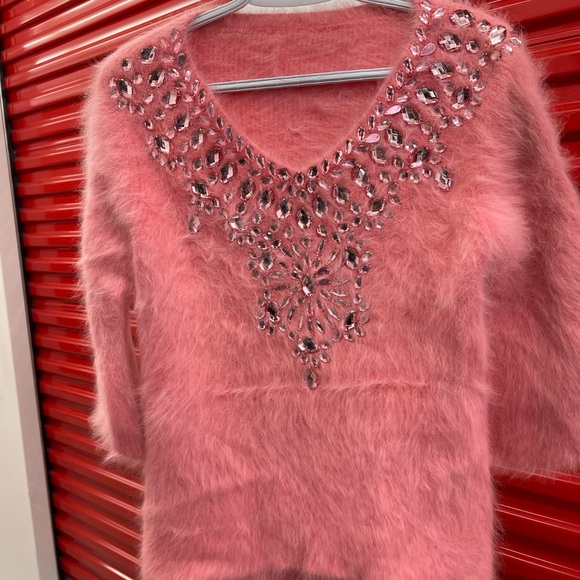 Pink Fuzzy Sweater with Rhinestone Embellishments - Picture 1 of 6